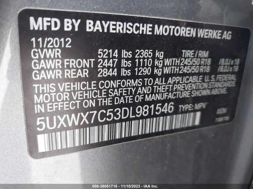 5UXWX7C53DL981546 2013 BMW X3, photo no. 9