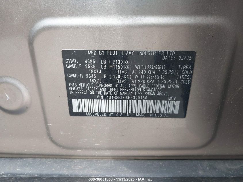 2015 SUBARU OUTBACK 2.5I LIMITED - 4S4BSBLC6F3320186