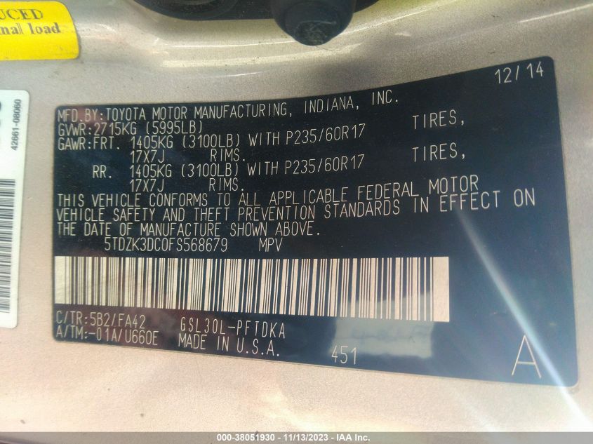 2015 TOYOTA SIENNA L 7 PASSENGER - 5TDZK3DC0FS568679