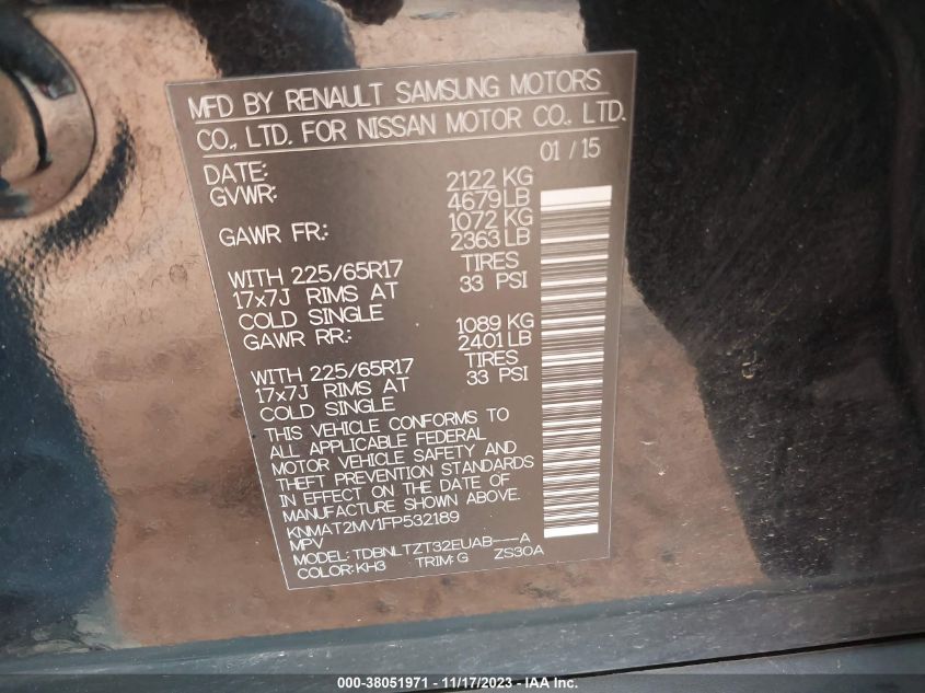 2015 NISSAN ROGUE SV - KNMAT2MV1FP532189