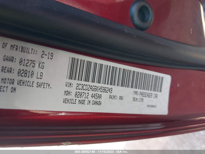 VIN 2C3CDZAG6KH596249 2019 DODGE CHALLENGER SXT