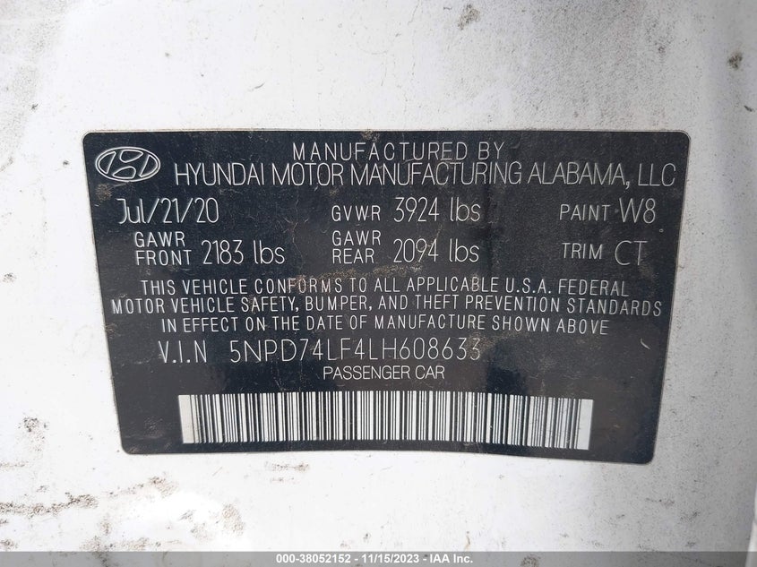 VIN 5NPD74LF4LH608633 2020 HYUNDAI ELANTRA SE