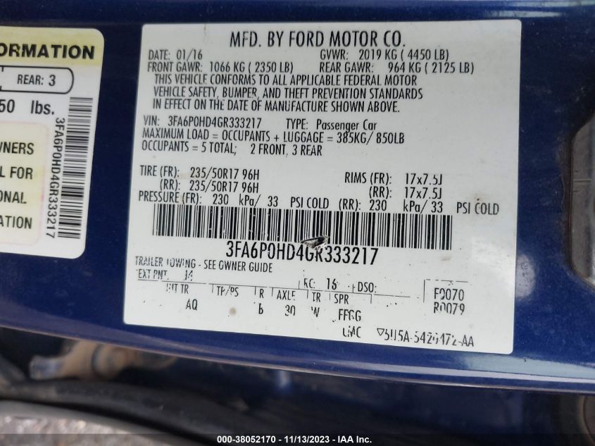 2016 FORD FUSION SE - 3FA6P0HD4GR333217