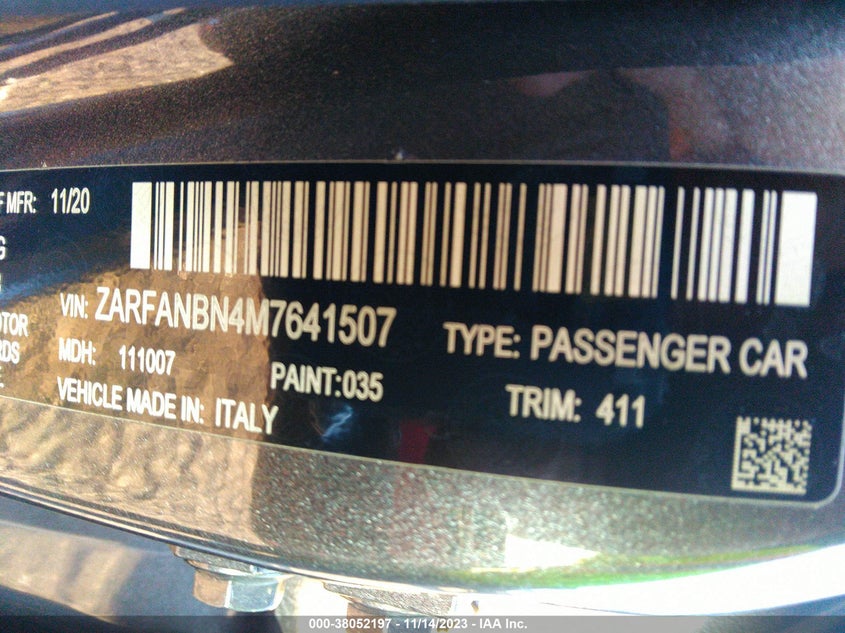 VIN ZARFANBN4M7641507 2021 ALFA ROMEO GIULIA TI AWD