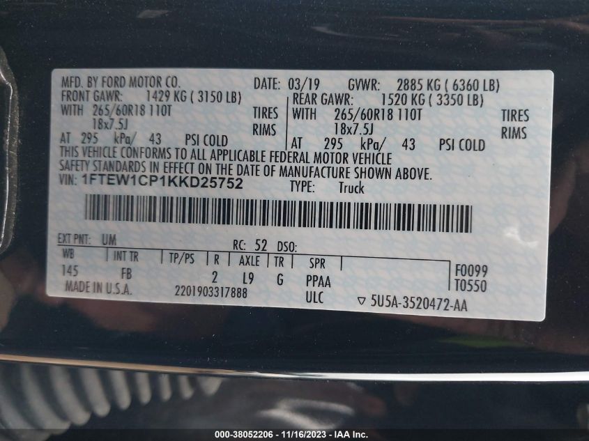 VIN 1FTEW1CP1KKD25752 2019 FORD F-150 XLT