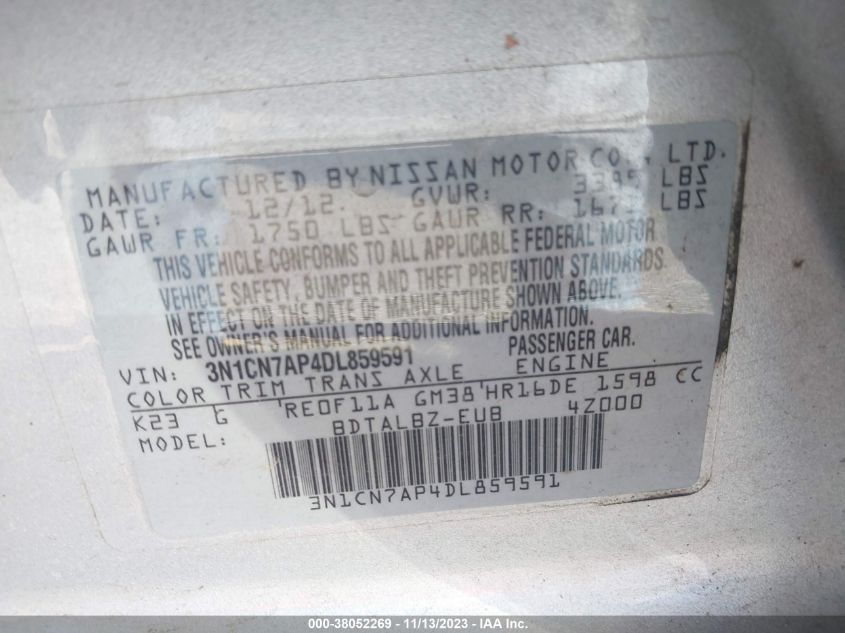 2013 NISSAN VERSA S/S PLUS/SV/SL - 3N1CN7AP4DL859591