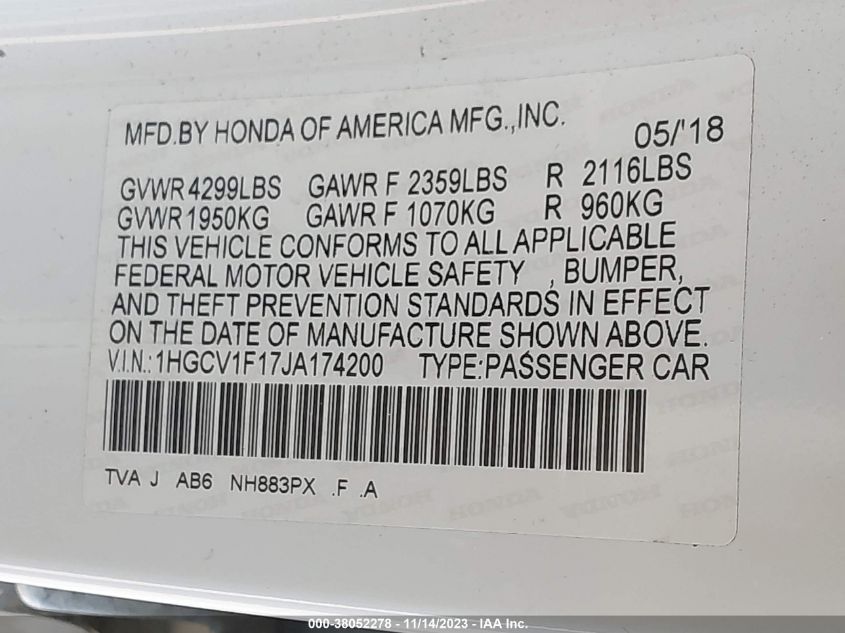 2018 HONDA ACCORD LX - 1HGCV1F17JA174200
