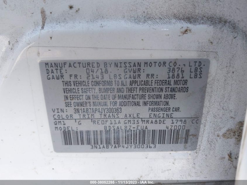 2018 NISSAN SENTRA S/SV/SR/SL - 3N1AB7AP4JY300363