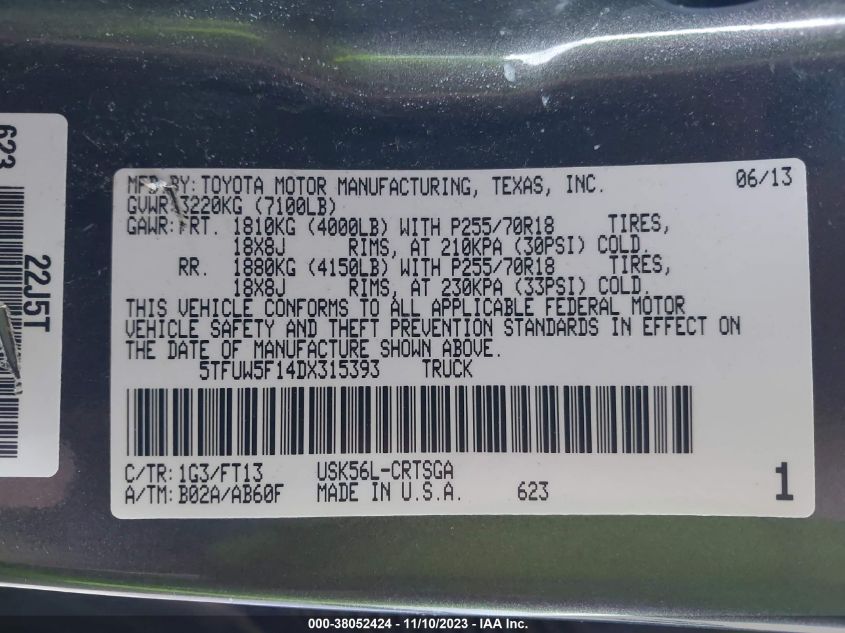 2013 TOYOTA TUNDRA GRADE 5.7L V8 - 5TFUW5F14DX315393