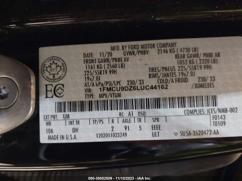 2020 FORD ESCAPE TITANIUM HYBRID - 1FMCU9DZ6LUC44162