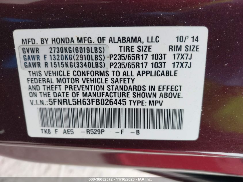 2015 HONDA ODYSSEY EX-L - 5FNRL5H63FB026445