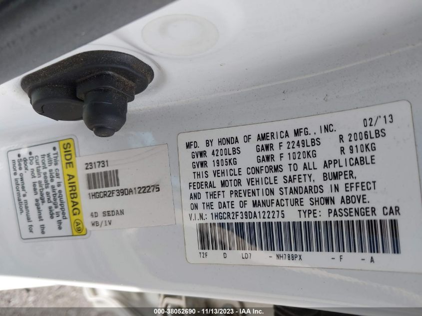 2013 HONDA ACCORD SDN LX 1HGCR2F39DA122275