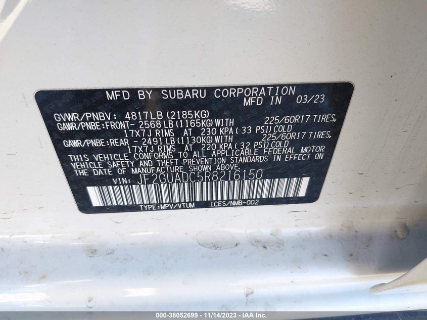 VIN JF2GUADC5R8216150 2024 SUBARU CROSSTREK PREMIUM