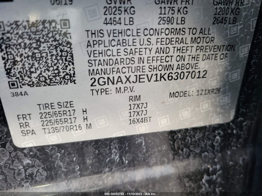 2019 CHEVROLET EQUINOX LT - 2GNAXJEV1K6307012