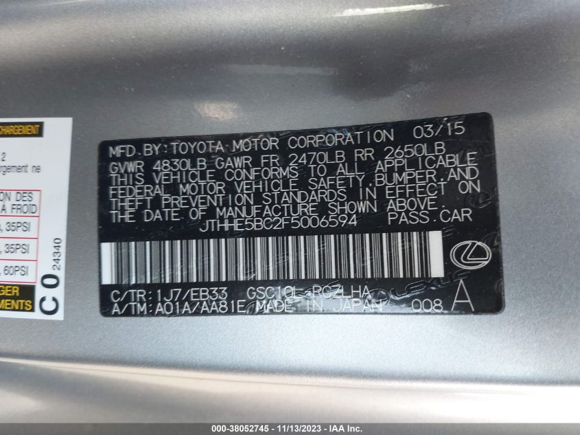 2015 LEXUS RC 350 - JTHHE5BC2F5006594