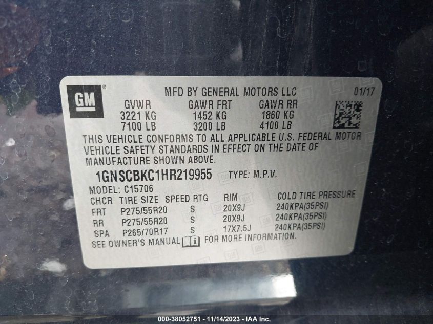 2017 CHEVROLET TAHOE C1500 LT - 1GNSCBKC1HR219955