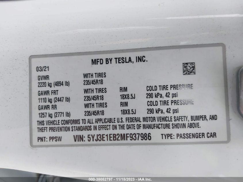 2021 TESLA MODEL 3 - 5YJ3E1EB2MF937986