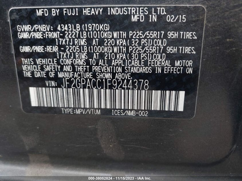 2015 SUBARU XV CROSSTREK 2.0I PREMIUM - JF2GPACC1F9244378