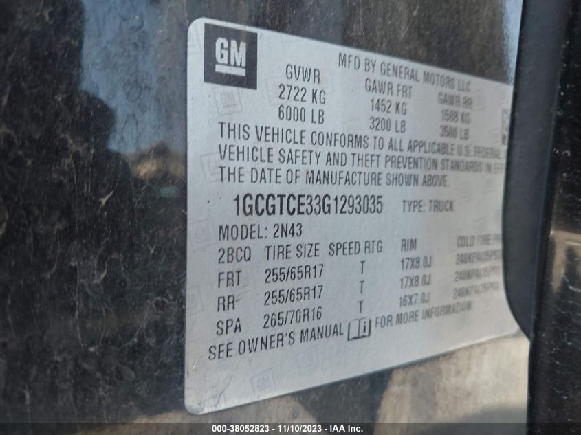2016 CHEVROLET COLORADO LT - 1GCGTCE33G1293035