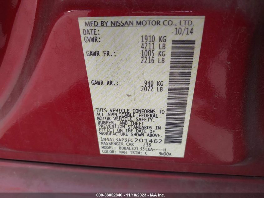 2015 NISSAN ALTIMA 2.5 S - 1N4AL3AP3FC201462