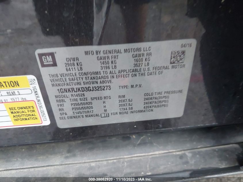 2016 CHEVROLET TRAVERSE LTZ - 1GNKRJKD3GJ325273