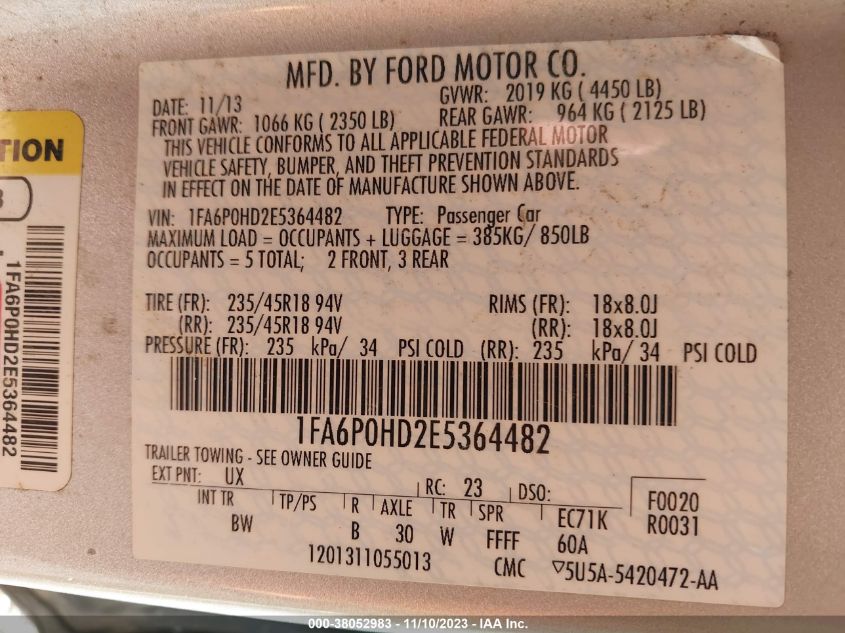 2014 FORD FUSION SE - 1FA6P0HD2E5364482