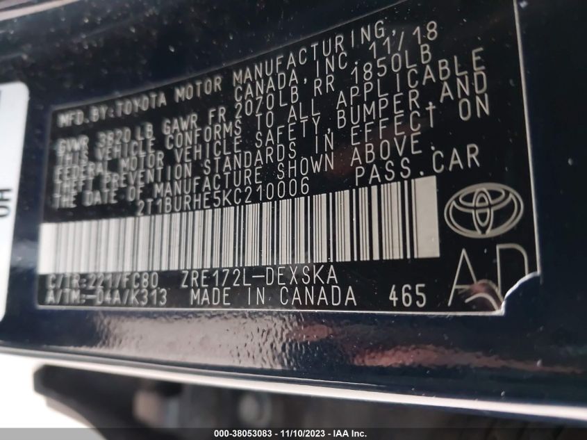 2019 TOYOTA COROLLA L/LE/XLE/SE/XSE - 2T1BURHE5KC210006