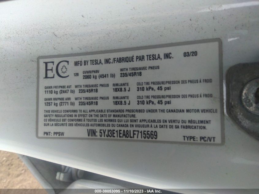 2020 TESLA MODEL 3 STANDARD RANGE PLUS - 5YJ3E1EA8LF715569