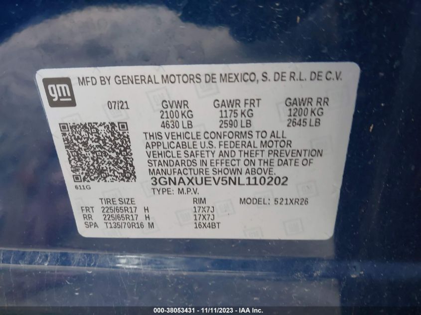 2022 CHEVROLET EQUINOX AWD LT - 3GNAXUEV5NL110202