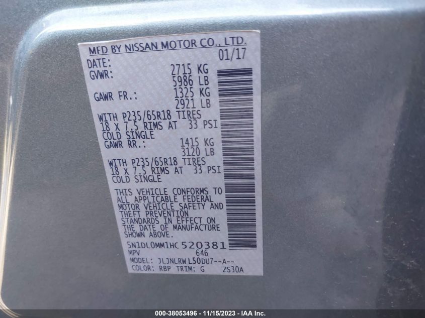 2017 INFINITI QX60 - 5N1DL0MM1HC520391