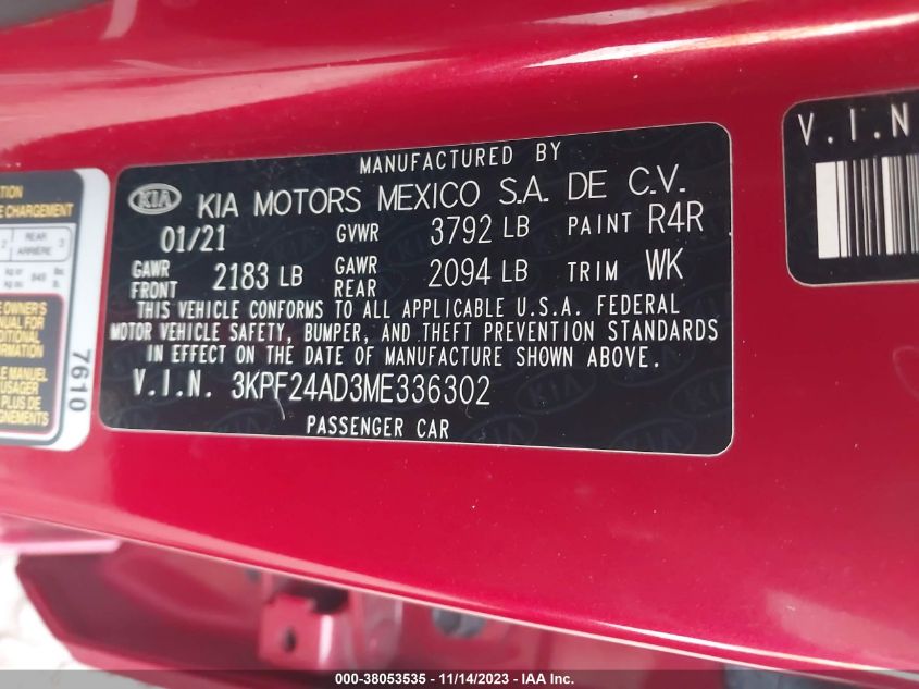 2021 KIA FORTE LXS - 3KPF24AD3ME336302
