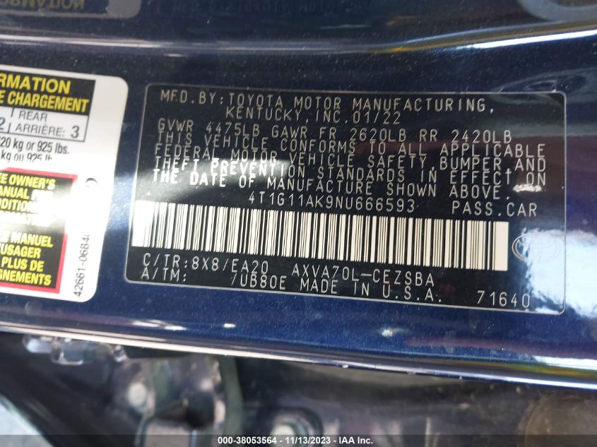 2022 TOYOTA CAMRY SE/SE NIGHT SHADE - 4T1G11AK9NU666593