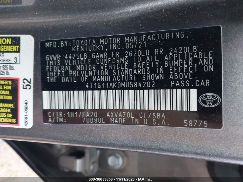 2021 TOYOTA CAMRY SE - 4T1G11AK9MU584202