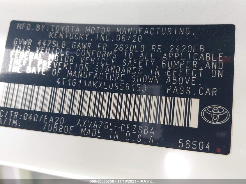 2020 TOYOTA CAMRY SE/SE NIGHT SHADE - 4T1G11AKXLU958153