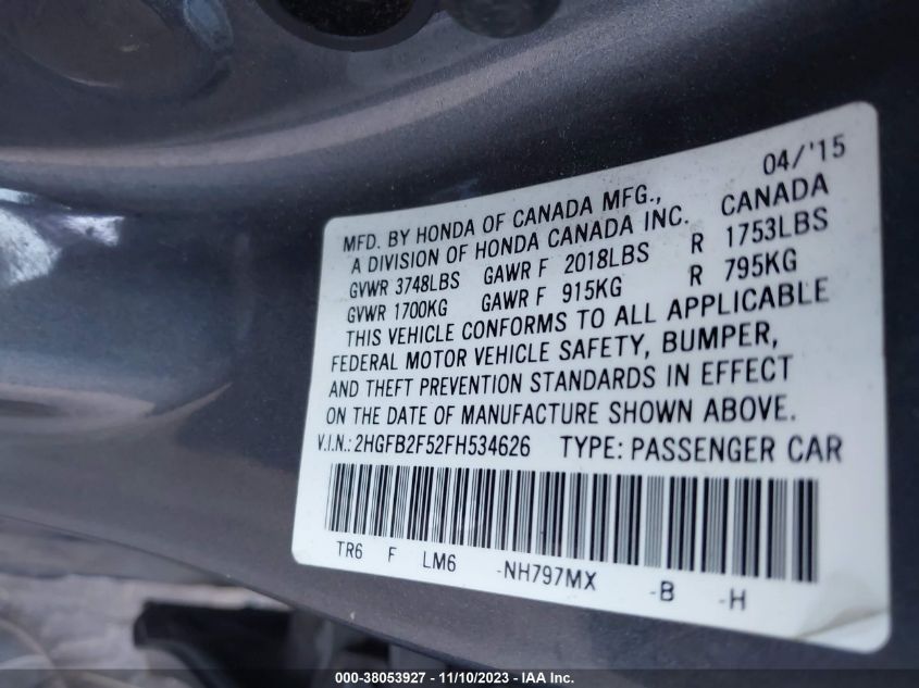 2015 HONDA CIVIC LX - 2HGFB2F52FH534626