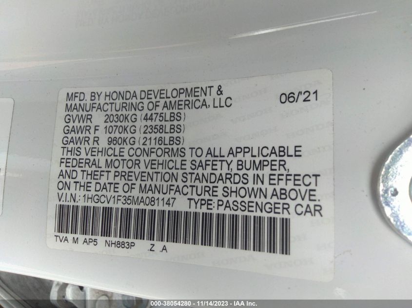 2021 HONDA ACCORD SPORT - 1HGCV1F35MA081147