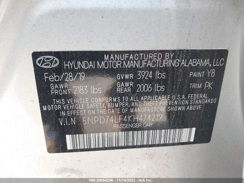 2019 HYUNDAI ELANTRA SE - 5NPD74LF4KH474219