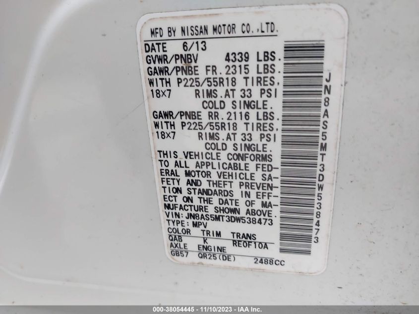 2013 NISSAN ROGUE SV W/SL PKG - JN8AS5MT3DW538473
