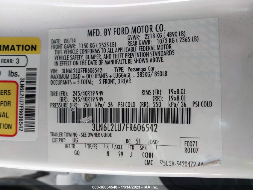 2015 LINCOLN MKZ HYBRID 3LN6L2LU7FR606542