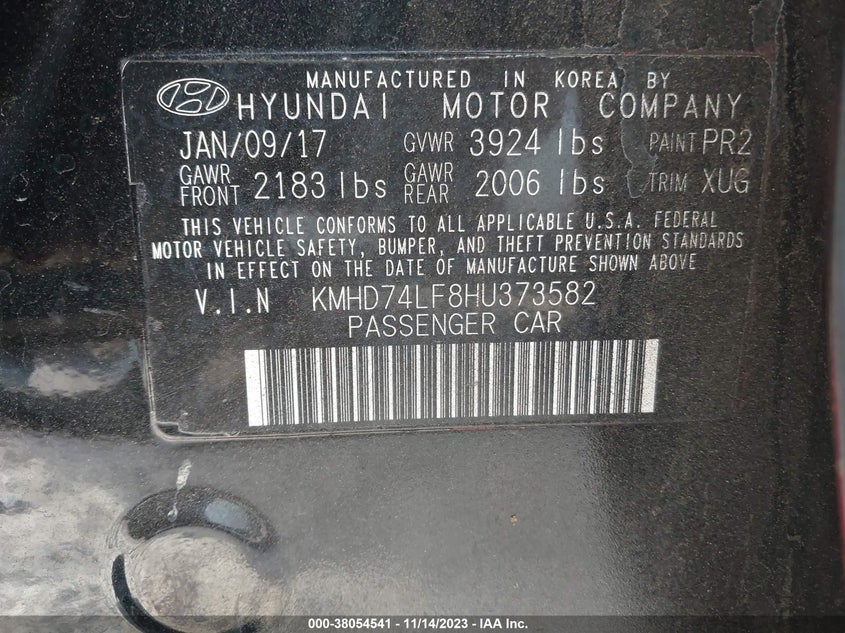 VIN KMHD74LF8HU373582 2017 HYUNDAI ELANTRA SE
