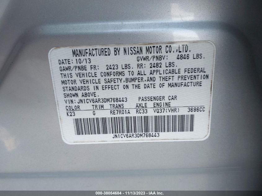 2013 INFINITI G37X JN1CV6AR3DM768443