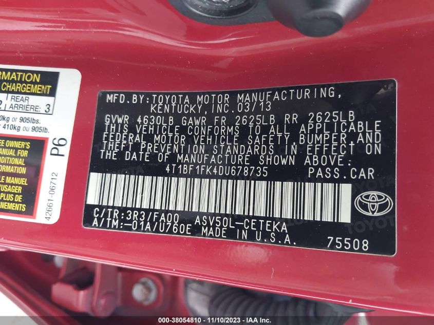 2013 TOYOTA CAMRY L - 4T1BF1FK4DU678735