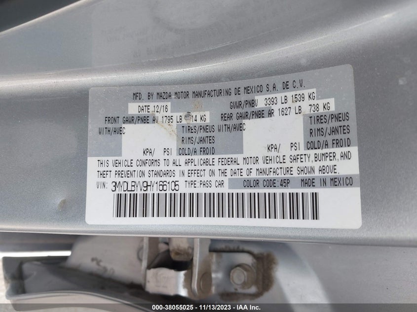 VIN 3MYDLBYV9HY166105 2017 TOYOTA YARIS IA