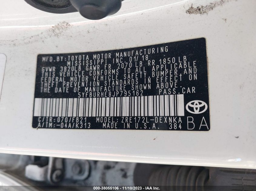 2018 TOYOTA COROLLA L/LE/XLE/SE/XSE - 5YFBURHE8JP795162