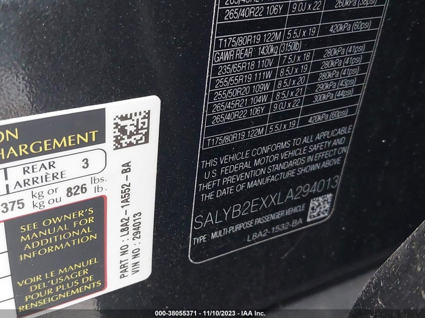 VIN SALYB2EXXLA294013 2020 LAND ROVER RANGE ROVER VELAR P250 S