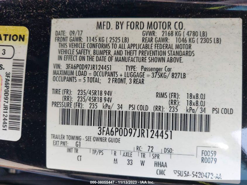 3FA6P0D97JR124451 2018 FORD FUSION, photo no. 9