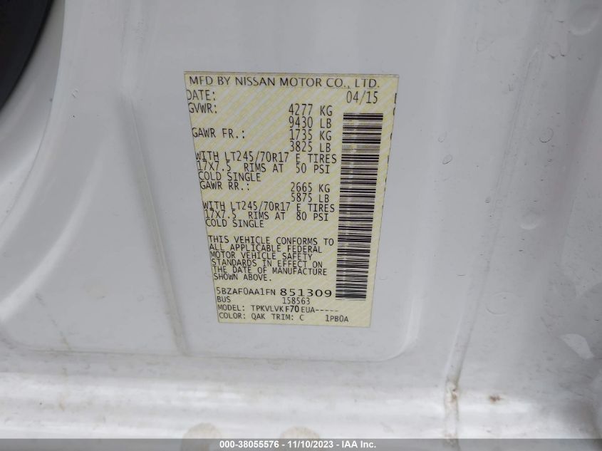 2015 NISSAN NV PASSENGER NV3500 HD SL V8 - 5BZAF0AA1FN851309
