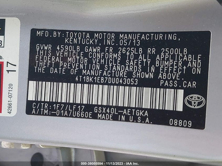 2013 TOYOTA AVALON XLE PREMIUM 4T1BK1EB7DU043053