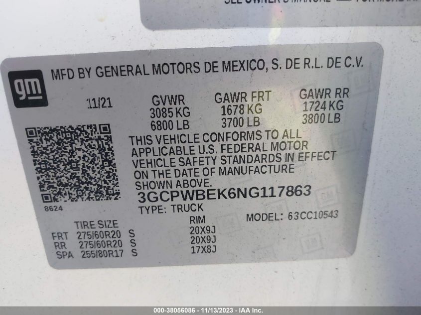 2022 CHEVROLET SILVERADO 1500 LTD 2WD  SHORT BED CUSTOM 3GCPWBEK6NG117863