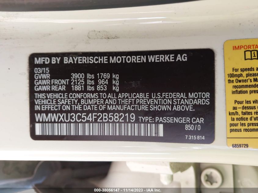 2015 MINI HARDTOP COOPER S WMWXU3C54F2B58219
